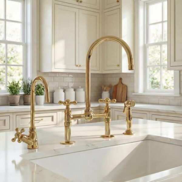 Unlacquered Brass Bridge Kitchen Tap With Side Spray